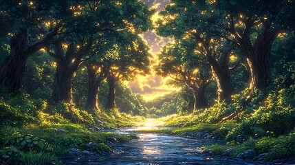 Obraz premium Enchanting Woodland Pathway with Flowing Stream in Lush Green Forest Landscape