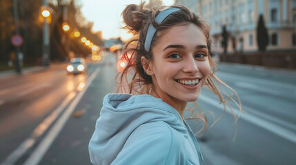Fototapeta premium Smiling athletic woman jogging early in the morning along a city street