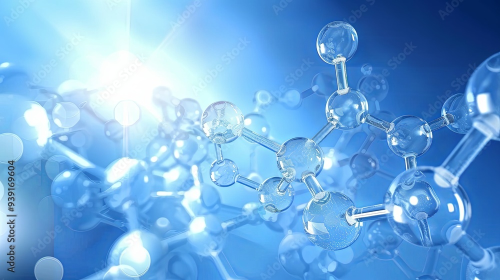 Poster abstract 3d rendering of a molecule with a blue background and a bright light source.