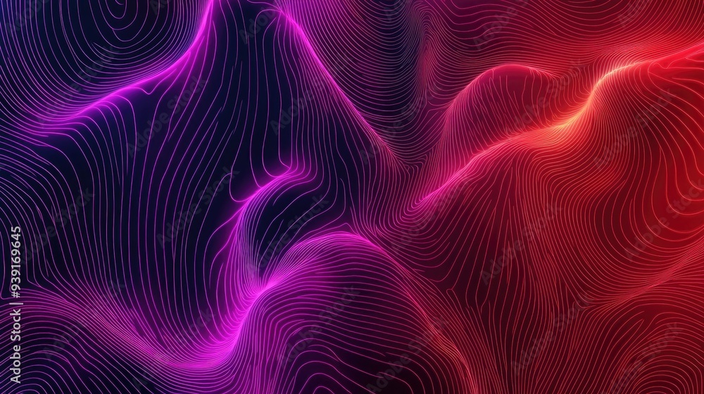 Poster a dynamic, abstract background with a gradient from violet to burgundy and red, with wavy lines and 