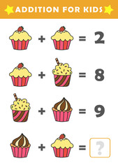 Fun Math Logic Puzzles for Kids. Math Game with Cute Cupcake Pictures. Math Activities for Children. Addition for Kids.