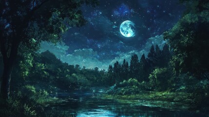 A Tranquil Nighttime Scene with a River, Trees, and a Full Moon