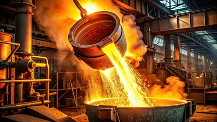 Molten metal flows from a pouring ladle, its bright orange glow illuminating the surrounding industrial equipment and dark background in a dramatic, high-temperature scene.