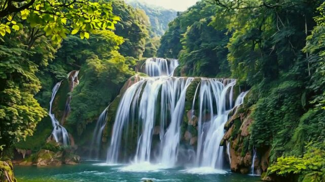 Tranquil Forest Waterfall: Scenic Park Landscape and Nature Beauty