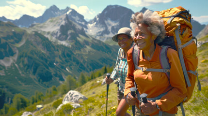 Two elderly African women with large backpacks and trekking poles are climbing the mountain. A cute couple of old lesbians are going camping. The scene is peaceful and serene