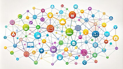 Multicolored Line Icons Are Arranged On A White Background, Connected By Lines To Form A Vibrant, Geometric Composition.