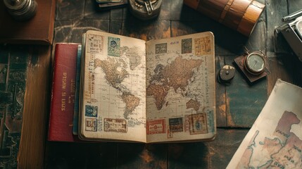 Open Vintage Passport with World Map and Stamps