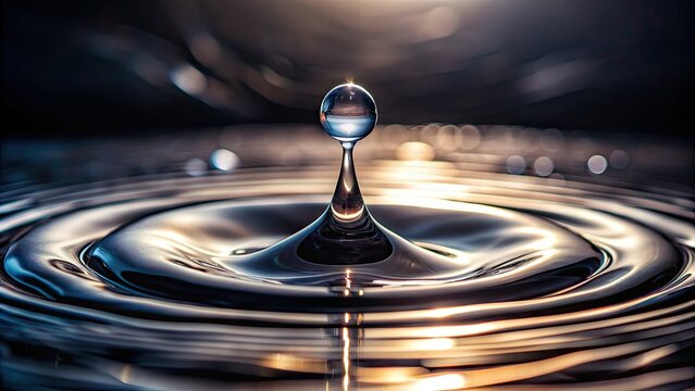 Mysterious dark background with a single, glistening raindrop suspended in mid-air, capturing the intricate details of its translucent shape and tiny ripples.