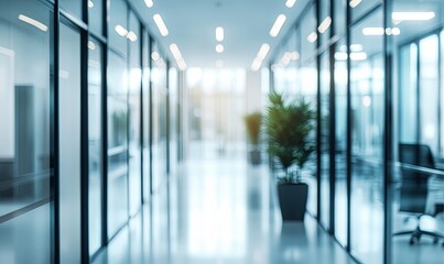 Fototapeta premium Abstract Blurred Background of a Modern Office Hallway with Glass Walls and a Plant.