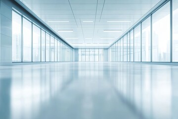 Empty office hallway with large windows overlooking a city.