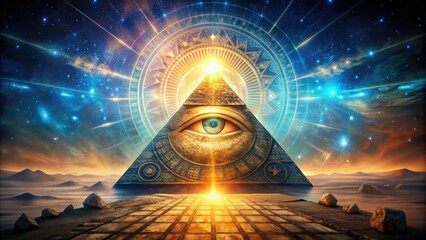 Mysterious pyramid with all-seeing eye shines brightly, surrounded by cryptic symbols and subtle hints of power, conveying secrecy and ancient wisdom.
