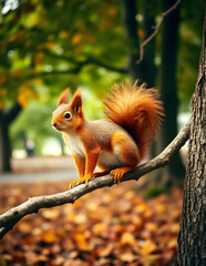 Obraz premium A red squirrel is sitting on a tree branch