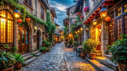 Narrow, winding cobblestone street lined with ancient buildings, ornate lanterns, and charming shops, evoking a sense of history and nostalgia in a quaint old city.