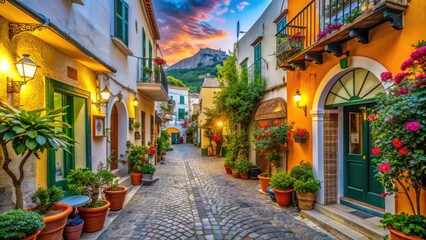 Fototapeta premium Narrow cobblestone street lined with colorful Mediterranean buildings and charming boutiques in picturesque Sant'Angelo village on the Italian island of Ischia.
