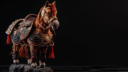 Beautiful horse wear iron made dress isolated on black background