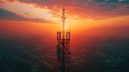 Telecommunication cellular station for smart city connections mobile equipment. Broadcasting tower for high speed internet communication.