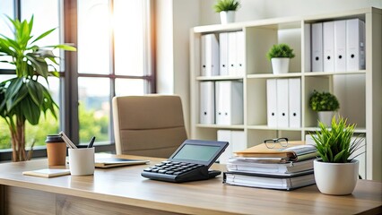 Neatly organized tax preparation workspace with calculator, folders, and papers on a clutter-free desk in a well-lit, modern office with a subtle background blur.