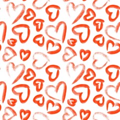 Seamless abstract geometric pattern. Simple background in red, white colors. Hearts. Digital texture. Illustration. Design for textile fabrics, wrapping paper, background, wallpaper, cover.