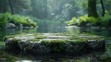 Obraz premium An empty stone platform is placed on the water with a forest floor, moss, ferns and trees behind.