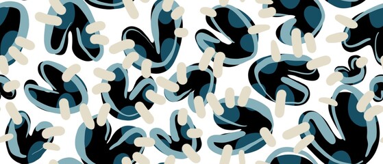 Seamless abstract geometric pattern. Black, blue, beige, white. Digital brush strokes, stains, hearts, lines. Design for textile fabrics, wrapping paper, background, wallpaper, cover.