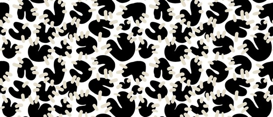 Fototapeta premium Seamless abstract geometric pattern. Simple background in black, beige, white. Digital brush strokes, stains, lines, hearts. Design for textile fabrics, wrapping paper, background, wallpaper, cover.
