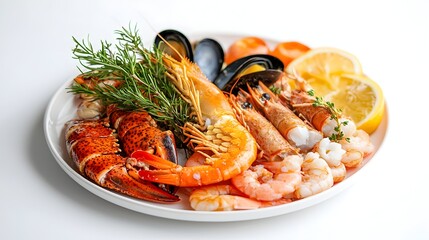 Gourmet Seafood Platter with Shrimp,Crab,Lobster,and Fresh Lemon Garnish
