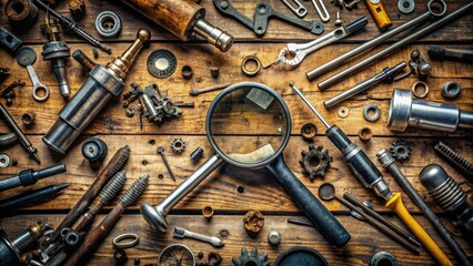Old machinery parts and tools scattered on a workbench, with a magnifying glass and screwdrivers laid out, indicating a thorough equipment repair process.