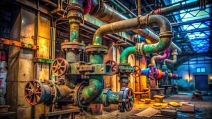 Old worn metal pipe with rusty bolts and valves overflowing with colorful envelopes and letters, surrounded by cobwebs, in a dimly lit abandoned factory setting.