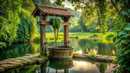 Old wooden well surrounded by lush greenery and overgrown vines, with a rope and bucket hovering above the calm, reflective water's surface.