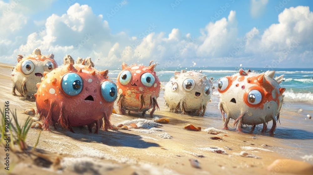 Poster a group of cute, round creatures with different colors and patterns,