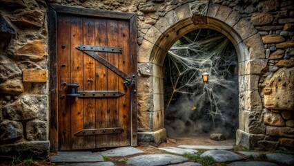 Ominous old wooden door creaks open, revealing a dark and foreboding passageway, with cobwebs clinging to the rusty hinges and worn stone walls.