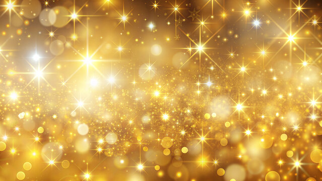 Sparkling gold background with stars and bokeh. Beautiful luxury background for Christmas or New Year.