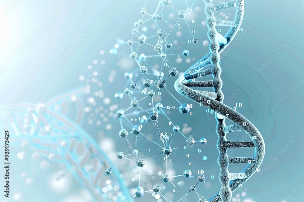 Poster abstract blue dna helix with molecular model and binary code on a bokeh background.