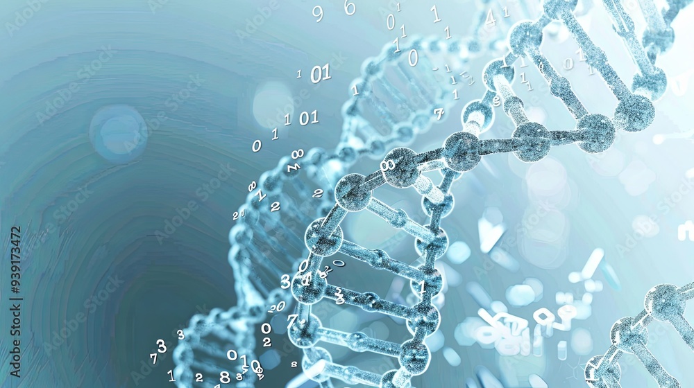 Poster abstract dna double helix with binary code on a blue background.