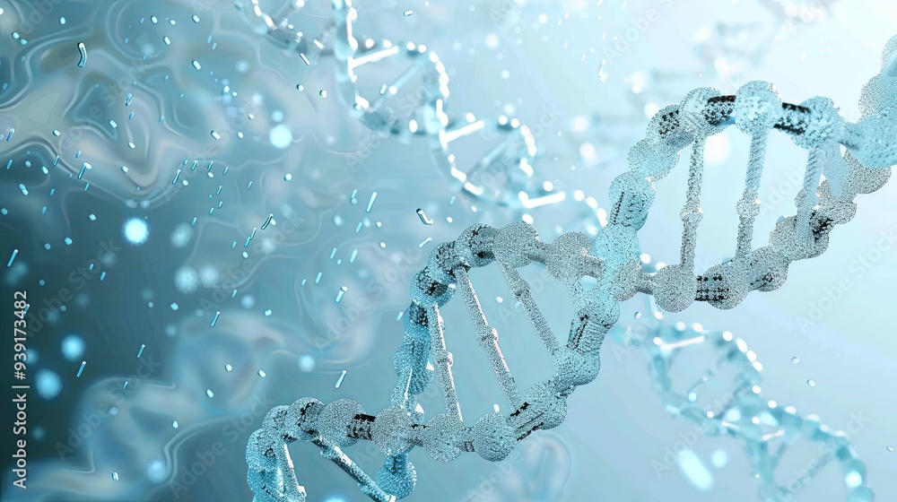 Poster abstract 3d rendering of a double helix dna strand in a blue liquid.