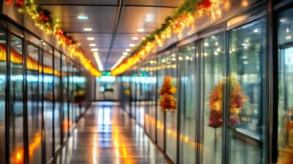Decorated hallway with glowing lights and autumn-themed garlands, evoking a warm and festive fall atmosphere. Concept of Thanksgiving, seasonal decor, or holiday preparation - Powered by Adobe