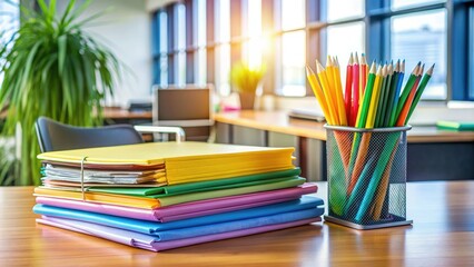Organized desk with a stack of colorful paper files, a pen holder, and a small notebook, surrounded by a blurred office background.