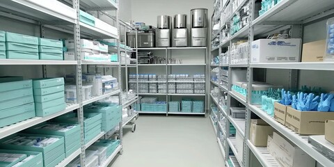 A sterile medical supply storage room with metal shelving units filled with medical supplies.