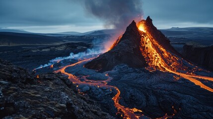 Hot volcano with lava leaks in evening landscape. Neural network ai generated art
