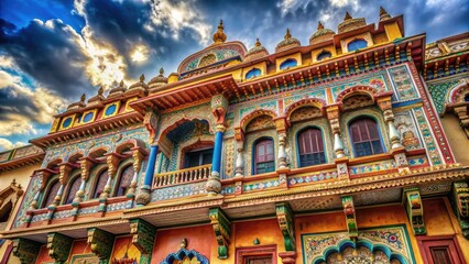 Ornate Facade Of A Traditional Indian House Featuring Intricate Carvings And Vivid Colors Against A Cloudy Blue Sky In The Distance