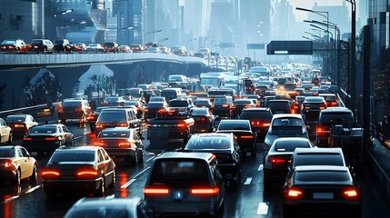 Futuristic City Traffic Jam Blending Modern Technology with Traditional Congestion