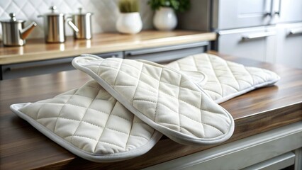 Pair of white oven gloves laying on a clean kitchen counter, ready to protect hands from hot dishes and pans fresh out of the oven.