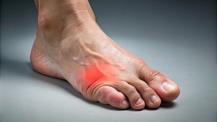 Painful inflammation in big toe joint, swollen red toe with gout attack symptoms, on a gray background, with a subtle medical texture overlay.