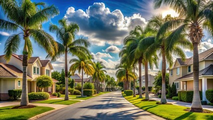 Palm trees line a serene suburban street in a sun-kissed Florida neighborhood, showcasing a tranquil atmosphere and typical residential architecture of the region.