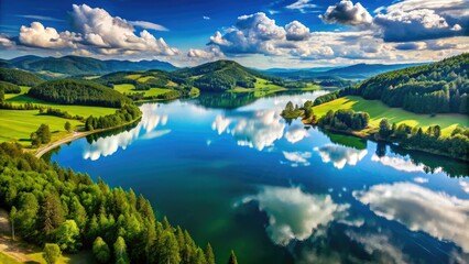 Obraz premium Panoramic Aerial View Of A Serene Lake With Crystal-Clear Water Reflecting The Surrounding Green Hills And Blue Sky, Creating A Tranquil And Picturesque Landscape