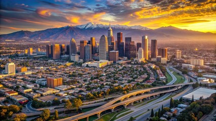 Fototapeta premium Panoramic aerial view of Los Angeles cityscape at sunset, showcasing towering skyscrapers, bustling freeways, and majestic mountain ranges in a warm, golden light.
