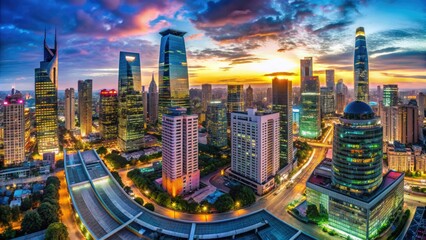 Panoramic equirectangular cityscape showing modern skyscrapers, busy streets, and vibrant nightlife, with colorful neon lights reflecting off sleek glass and steel architecture at dusk.