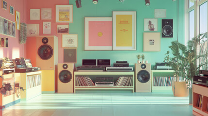 Retro music room with vinyl records and speakers on display