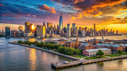 Fototapeta premium Panoramic view of the Hoboken, New Jersey, cityscape at sunset, showcasing a mix of old and new buildings, waterfront, and the Manhattan skyline in the distance.