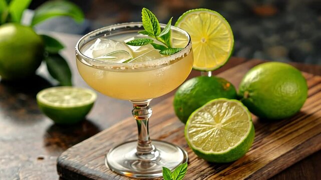 scrumptious margarita on a wooden board